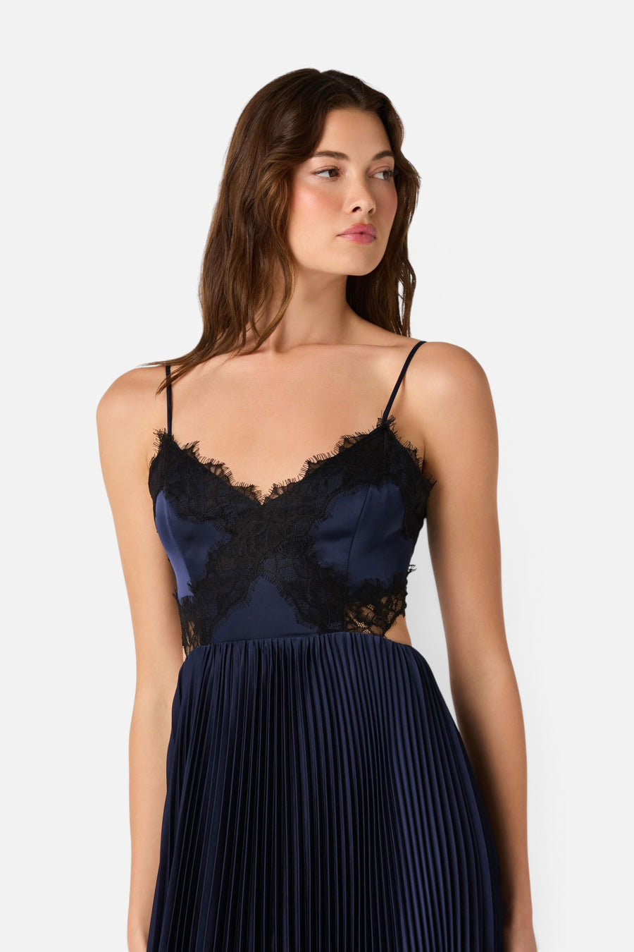 ASTR the Label Andy Lace Trim Pleated Maxi Dress in Navy – detail