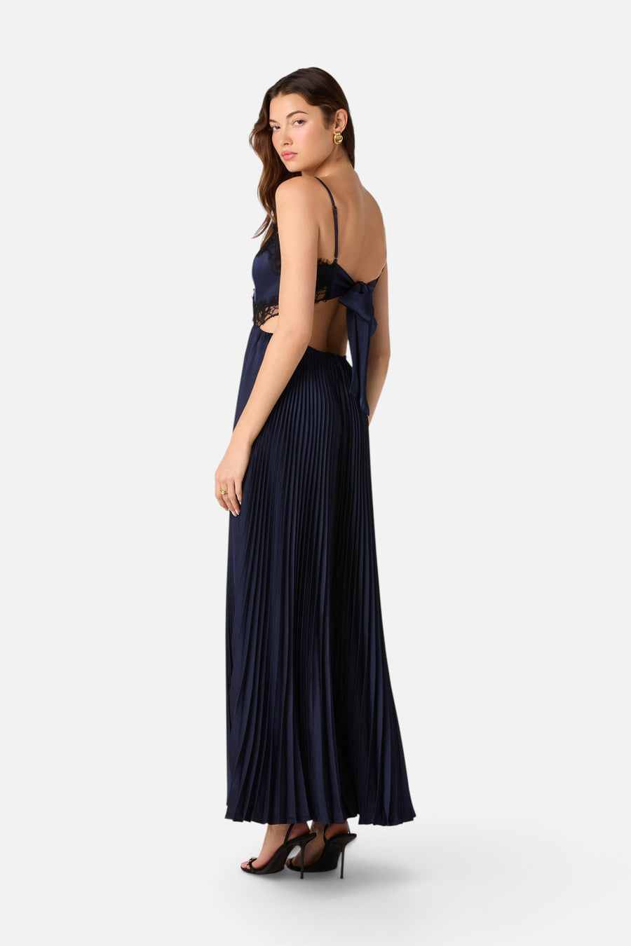 ASTR the Label Andy Lace Trim Pleated Maxi Dress in Navy – flat lay