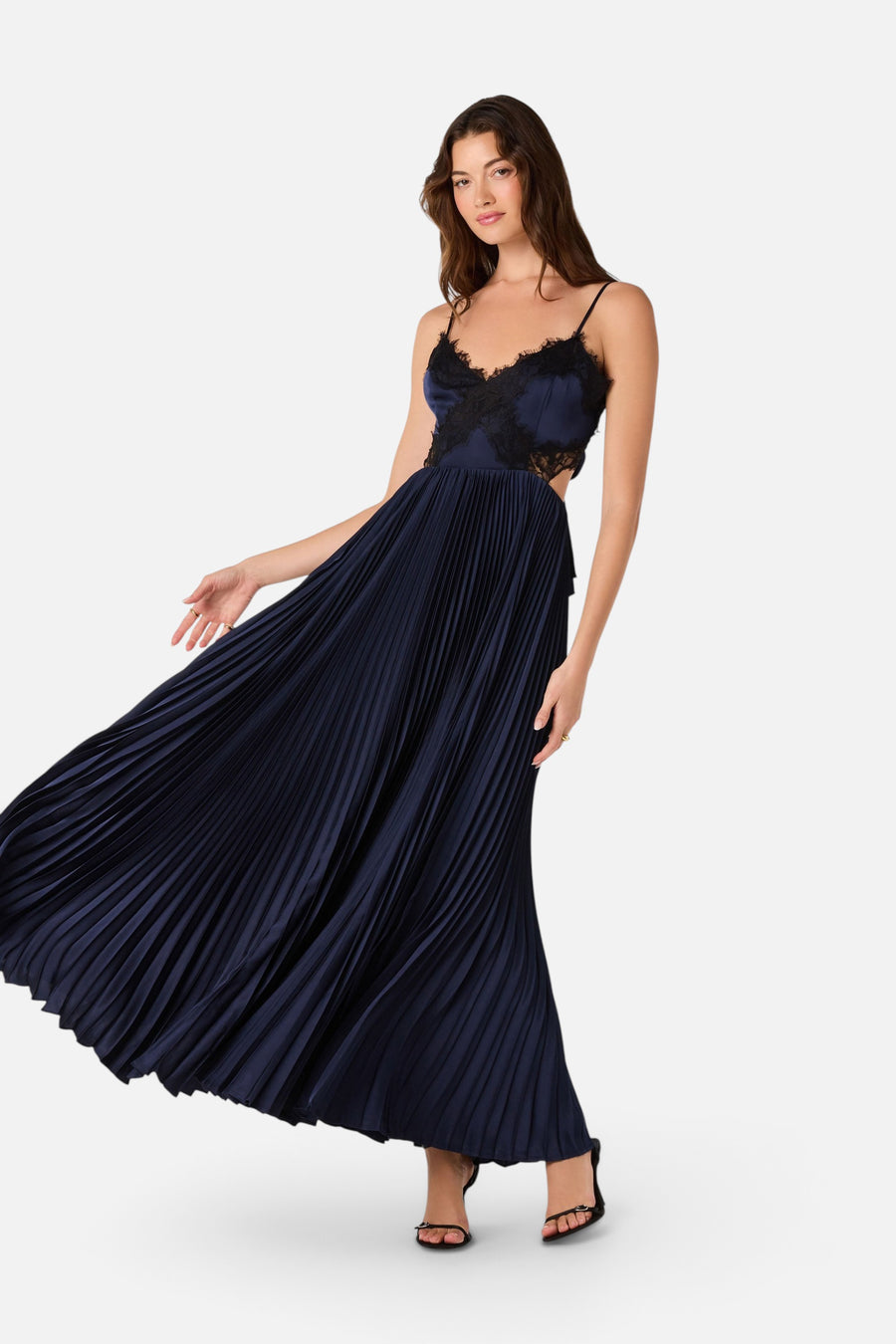 ASTR the Label Andy Lace Trim Pleated Maxi Dress in Navy – side view