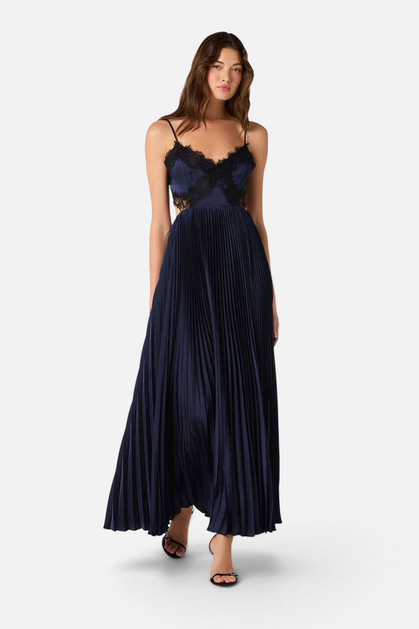 ASTR the Label Andy Lace Trim Pleated Maxi Dress in Navy