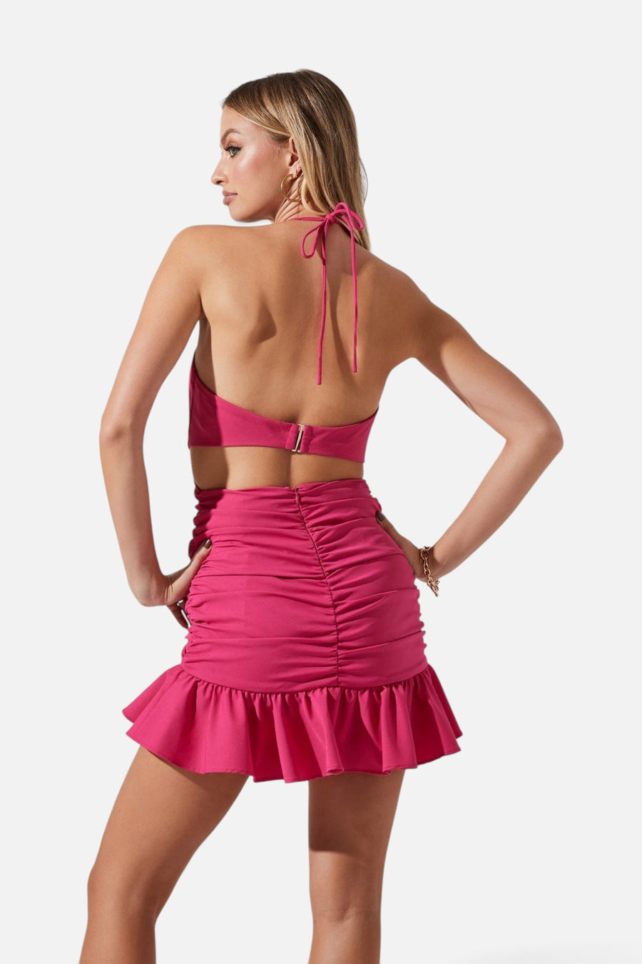 ASTR The Label Ariane Pleated Halter Mini Dress in Pink – detail