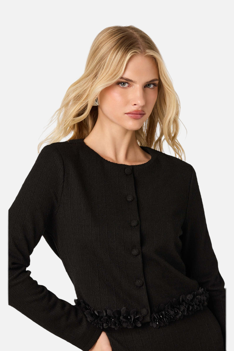 ASTR the Label Claire Beaded Flower Tweed Jacket in Black – alternate