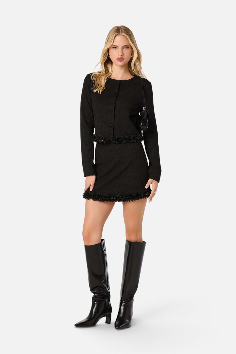 ASTR the Label Claire Beaded Flower Tweed Jacket in Black – flat lay