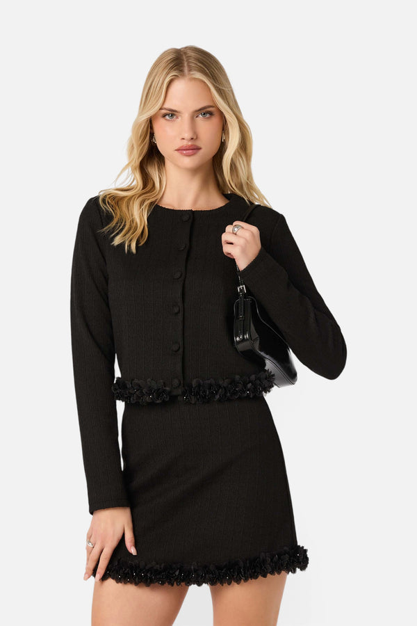 ASTR the Label Claire Beaded Flower Tweed Jacket in Black