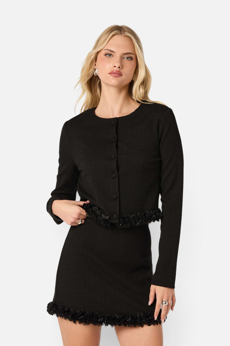 ASTR the Label Claire Beaded Flower Tweed Jacket in Black – side view