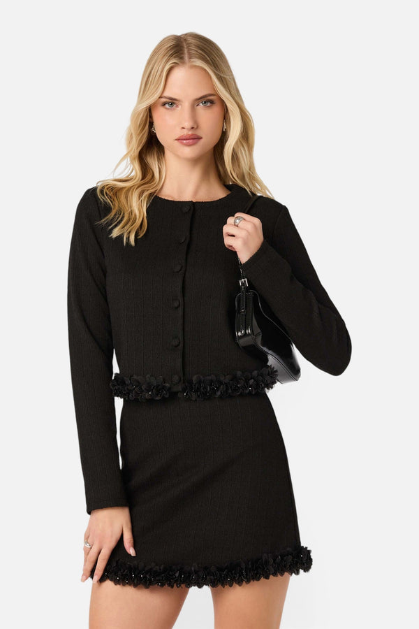 ASTR the Label Claire Beaded Flower Tweed Jacket in Black