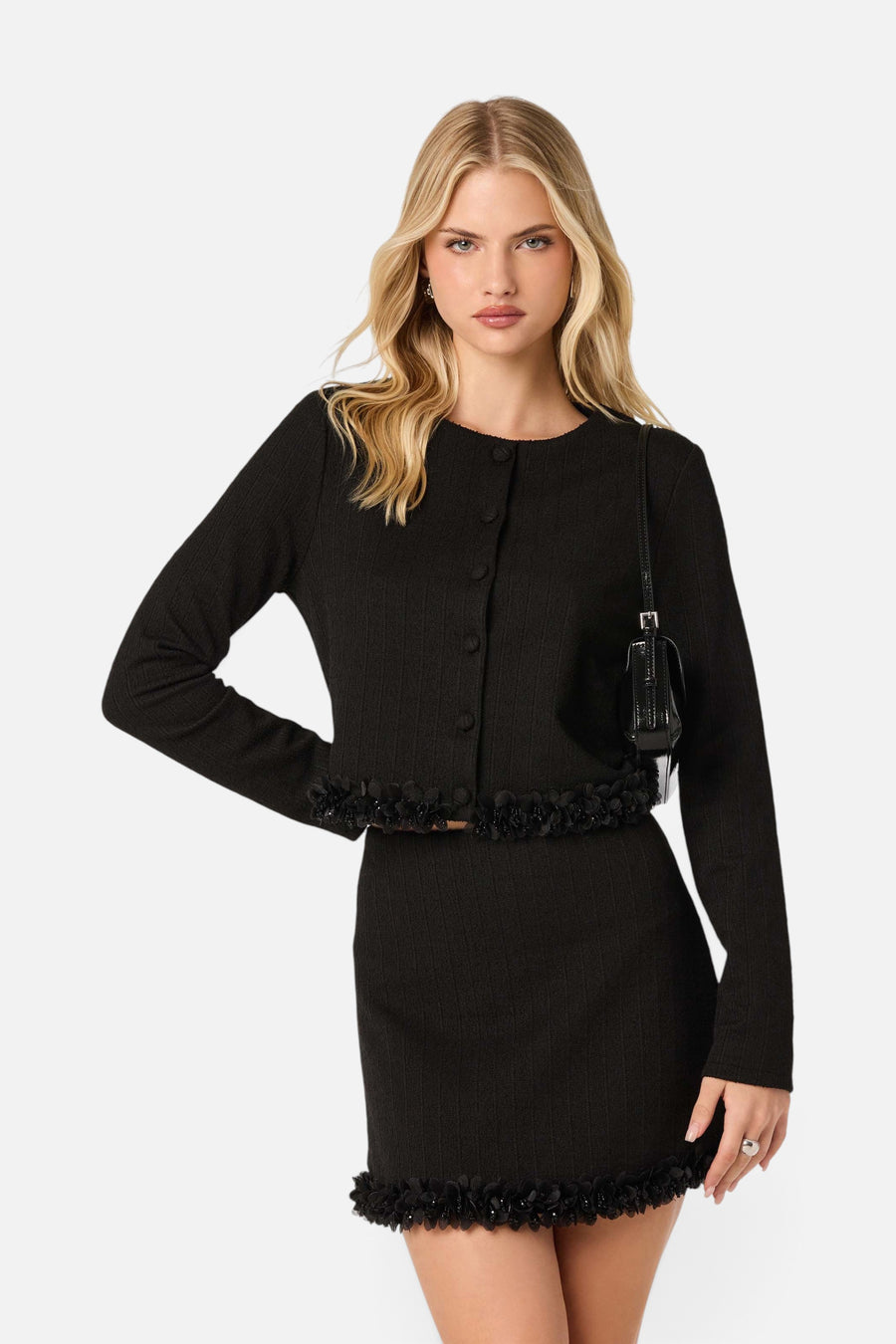 ASTR the Label Claire Beaded Flower Tweed Skirt in Black – back view