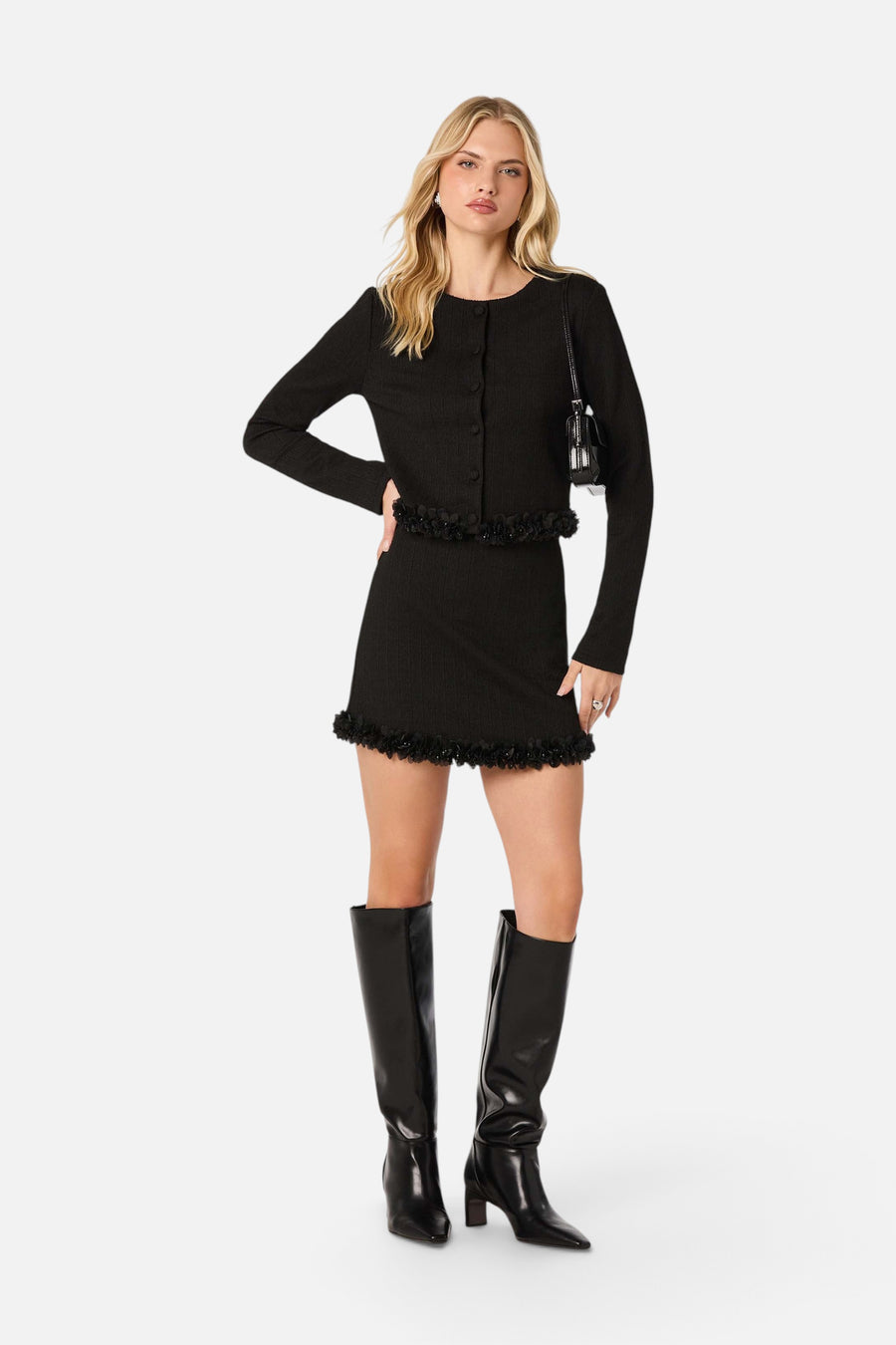 ASTR the Label Claire Beaded Flower Tweed Skirt in Black – flat lay