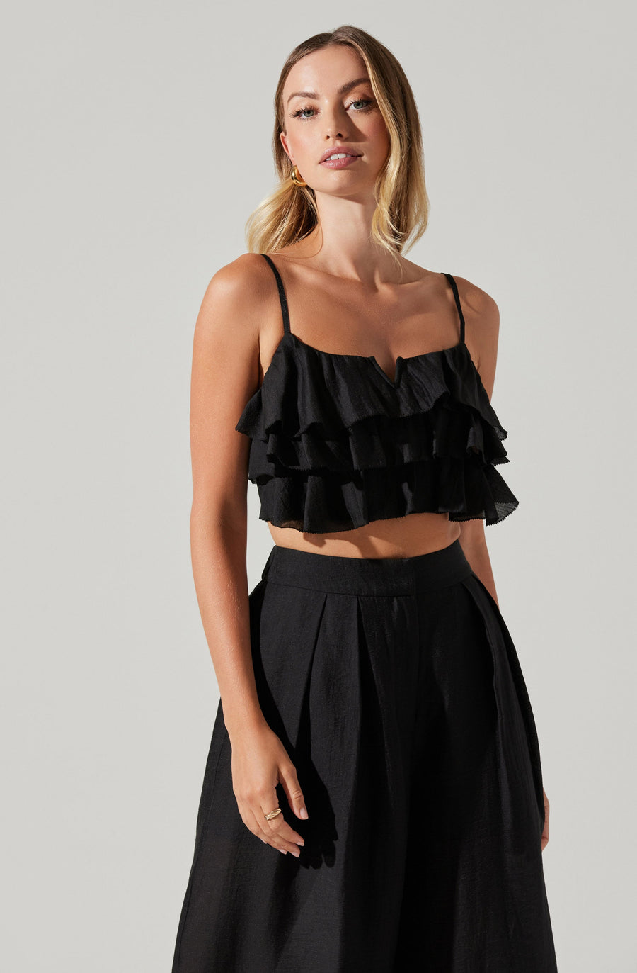 ASTR The Label Elyana Ruffle Crop Top in Black – side view