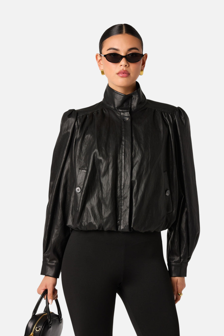 ASTR the Label Estero Faux Leather Bomber Jacket in Black – front view