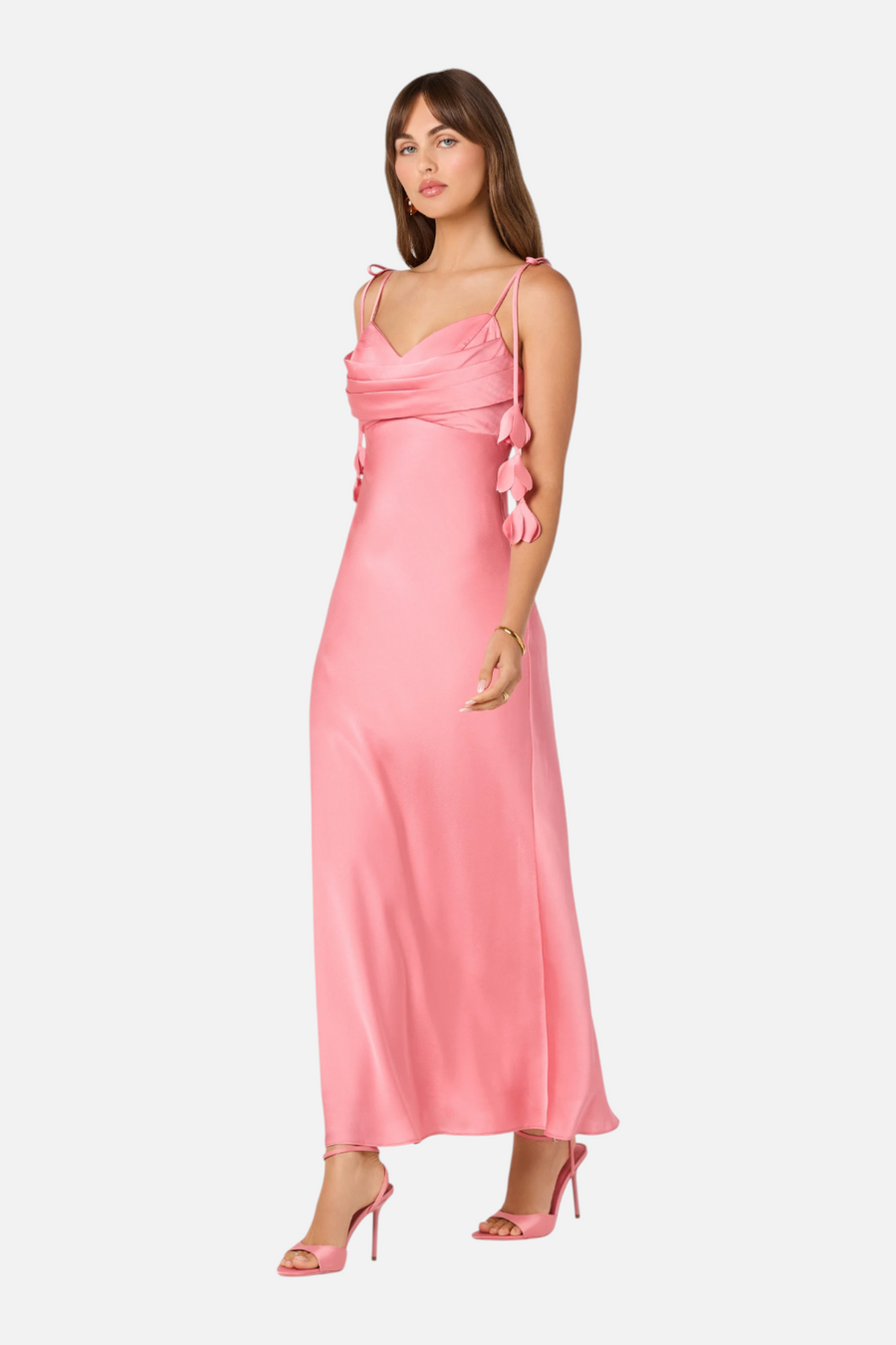 ASTR The Label Hera Satin Maxi Dress in Coral – back view
