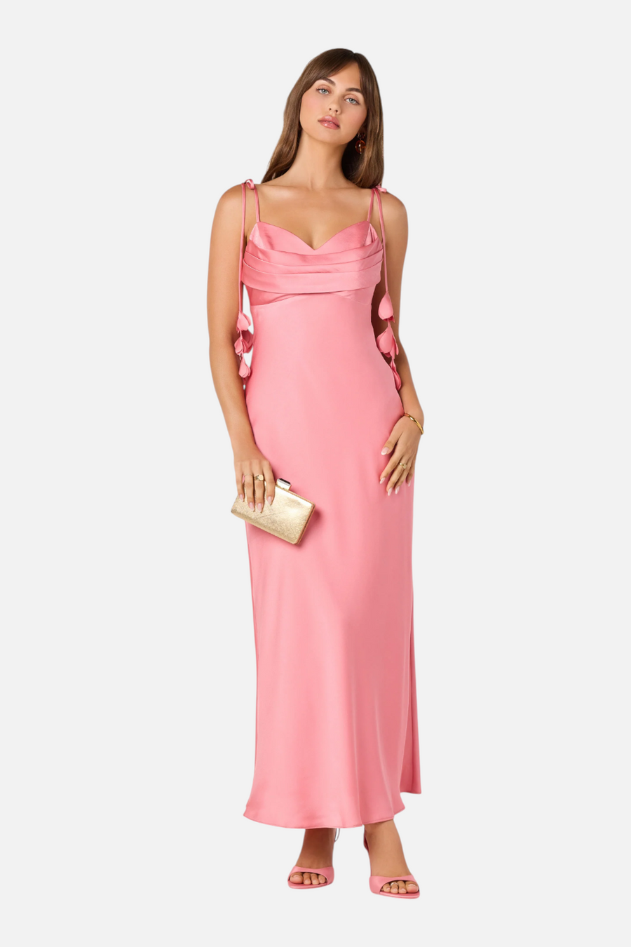 ASTR The Label Hera Satin Maxi Dress in Coral – flat lay