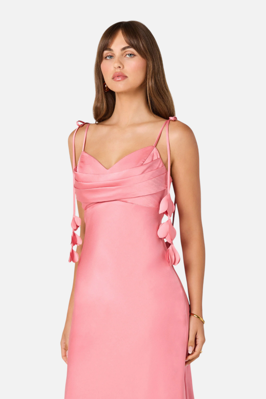 ASTR The Label Hera Satin Maxi Dress in Coral – side view