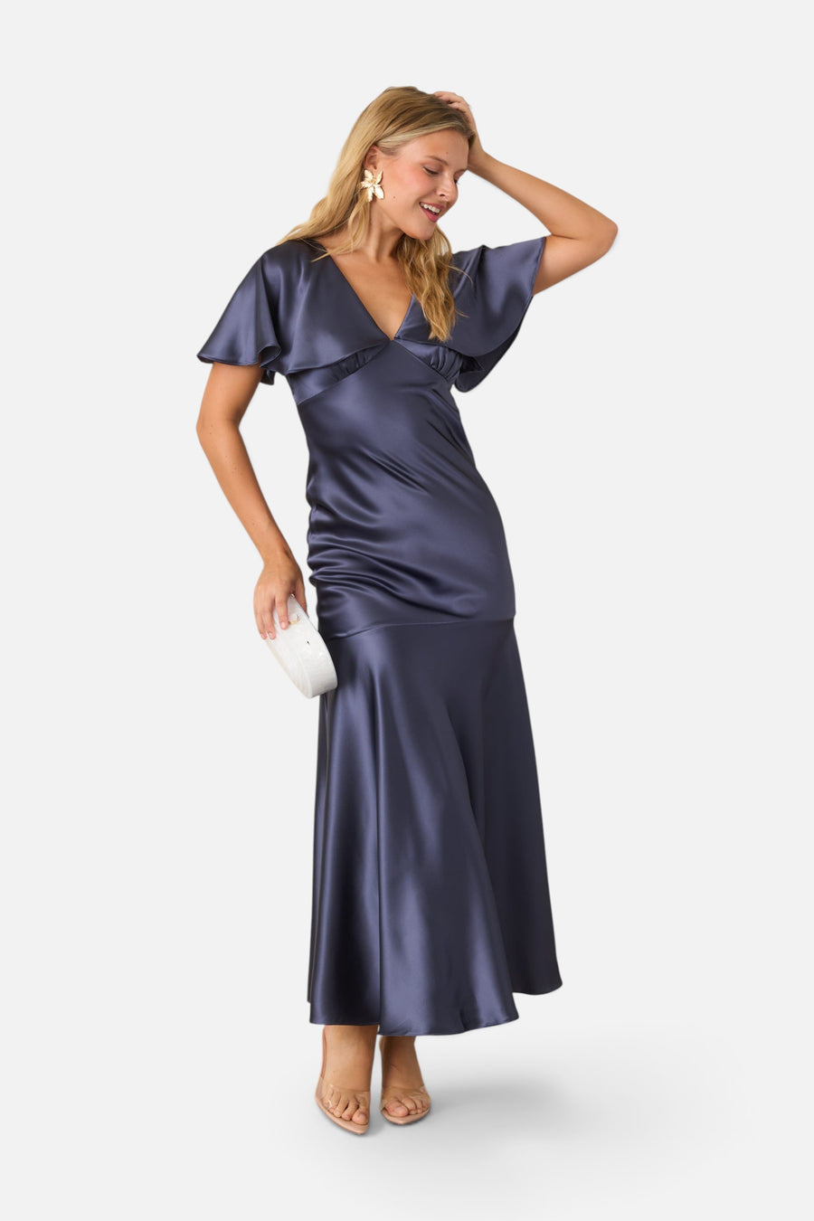ASTR the Label Jamie Satin Flutter Sleeve Maxi Dress in Steel Blue – alternate