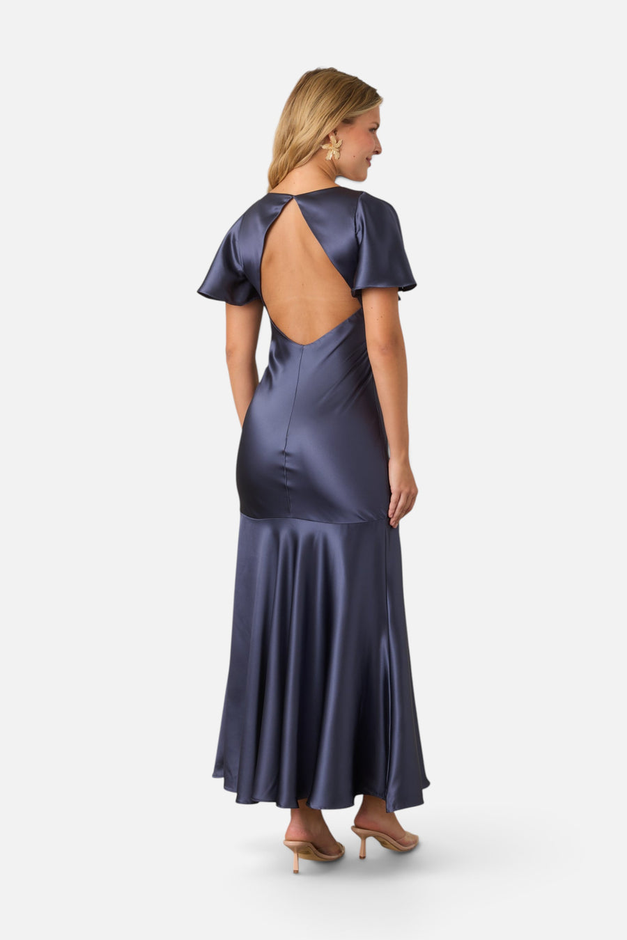 ASTR the Label Jamie Satin Flutter Sleeve Maxi Dress in Steel Blue – back view