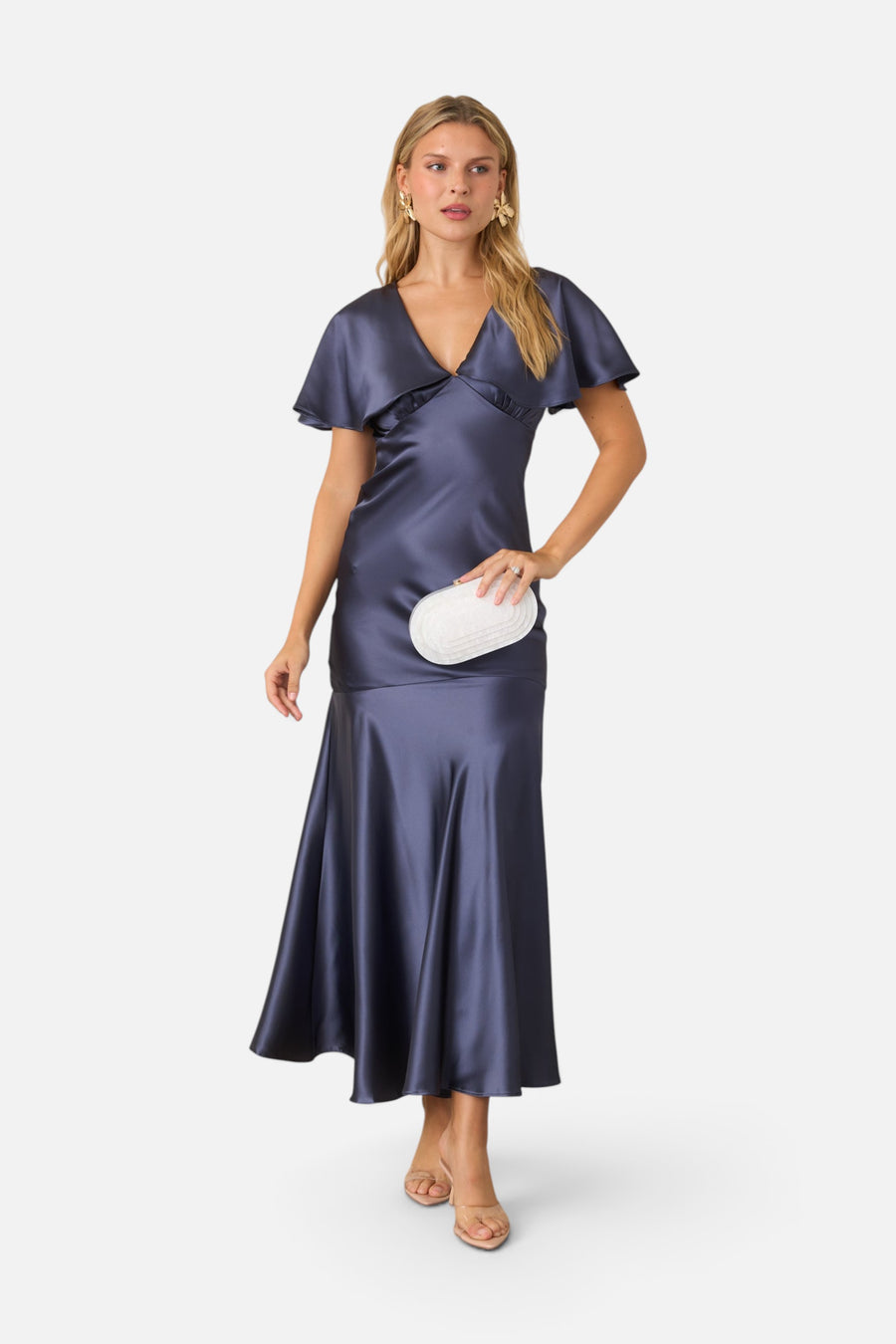 ASTR the Label Jamie Satin Flutter Sleeve Maxi Dress in Steel Blue – front view