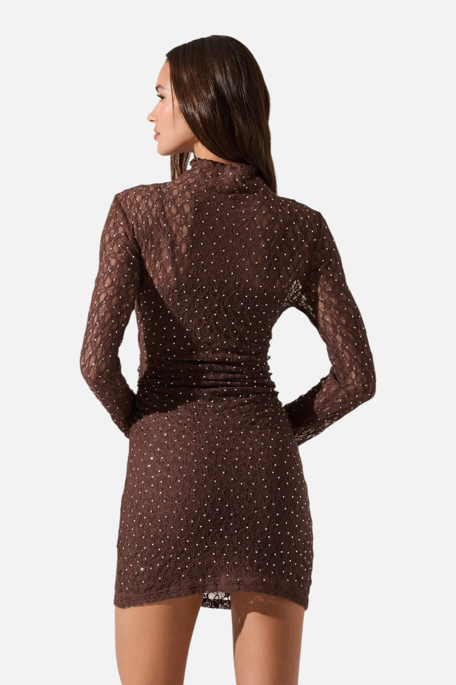 Astr the Label Kourtney Rhinestone Lace Mini Dress in Brown – back view