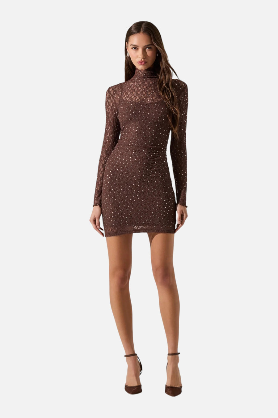 Astr the Label Kourtney Rhinestone Lace Mini Dress in Brown – side view