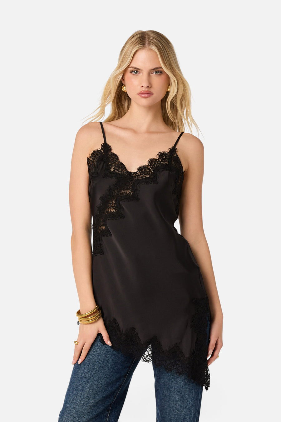 ASTR the Label Laura Lace Trim Asymmetric Top in Black – front view