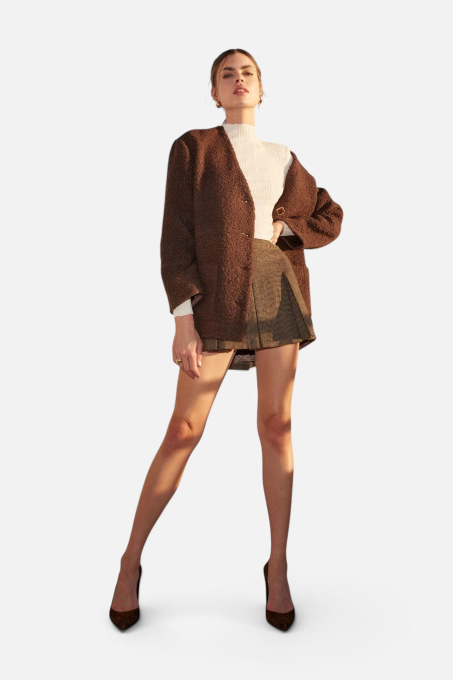 ASTR the Label Maidy Boucle V-Neck Coat Brown – flat lay