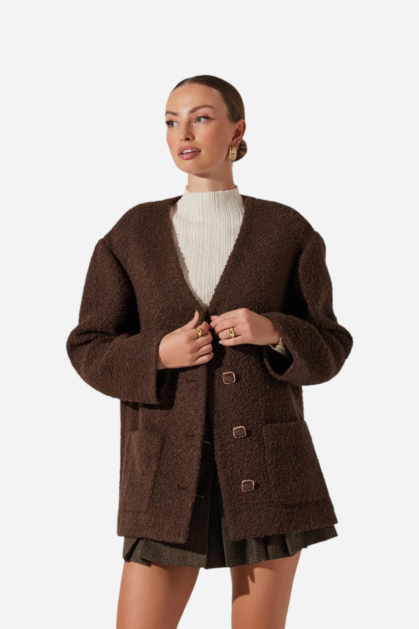 ASTR the Label Maidy Boucle V-Neck Coat Brown – front view