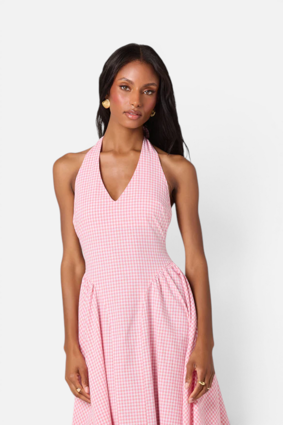 ASTR The Label Meana Midi Halter Dress in Pink Gingham – back view