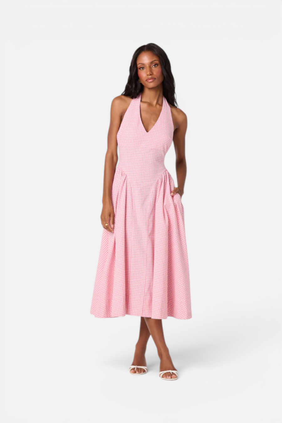 ASTR The Label Meana Midi Halter Dress in Pink Gingham – detail