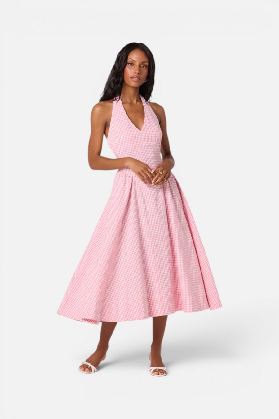 ASTR The Label Meana Midi Halter Dress in Pink Gingham – flat lay