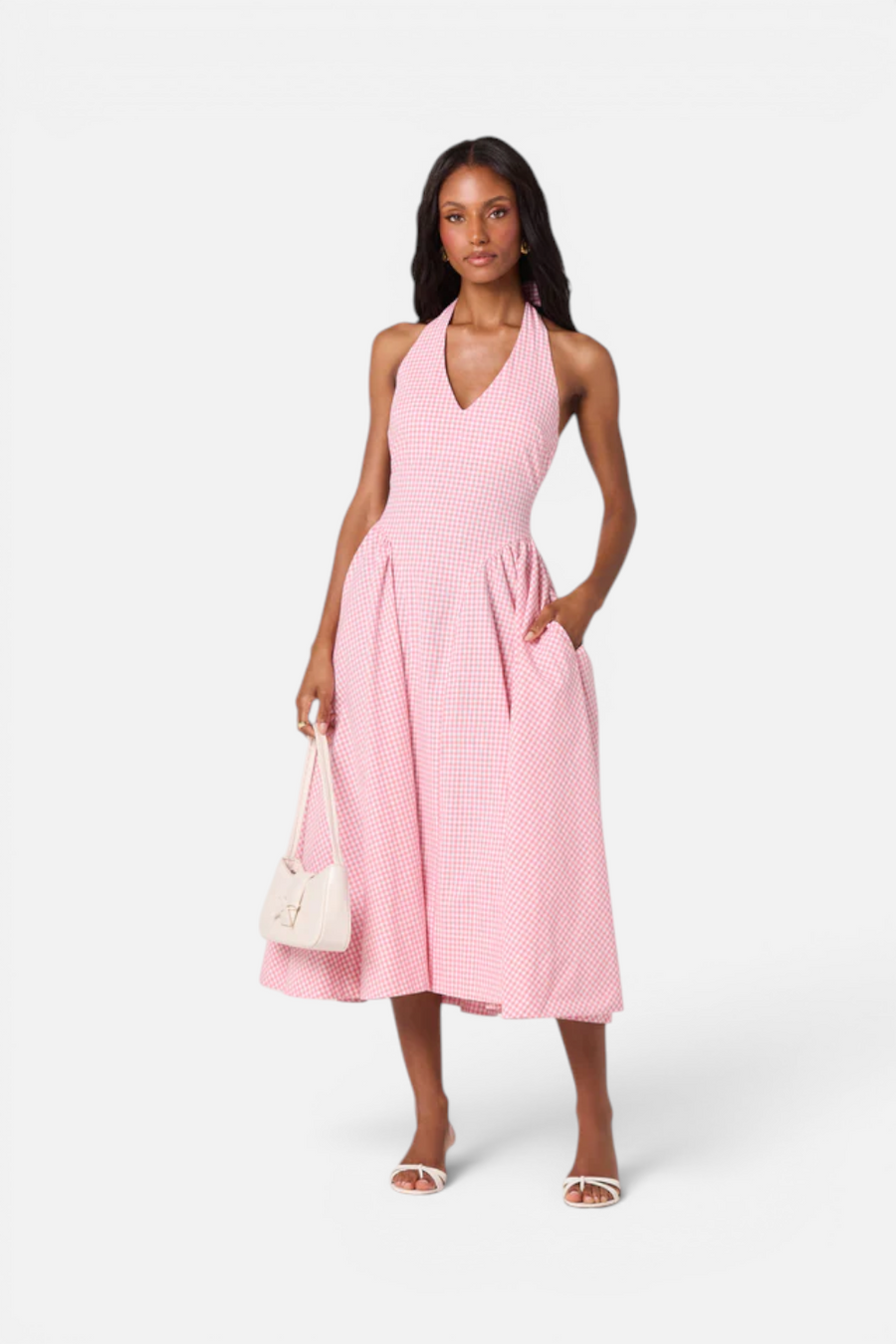 ASTR The Label Meana Midi Halter Dress in Pink Gingham – front view
