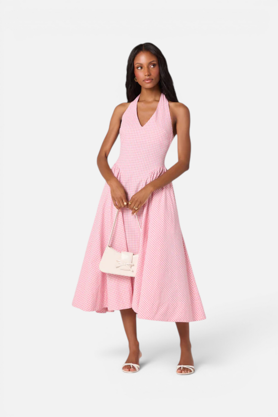 ASTR The Label Meana Midi Halter Dress in Pink Gingham – side view