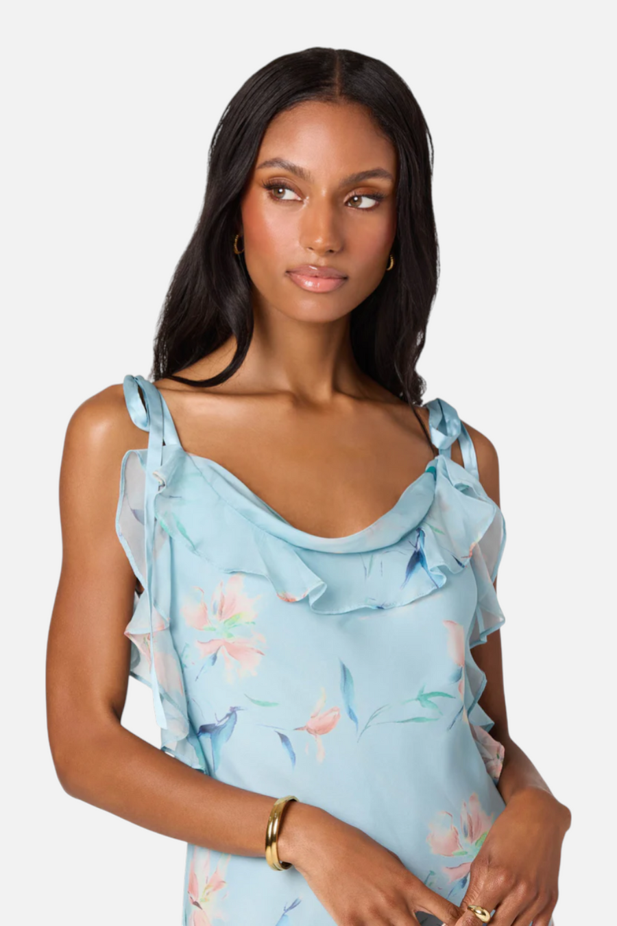 Astr the Label Nissa Floral Ruffle Midi Dress in Blue Floral – back view