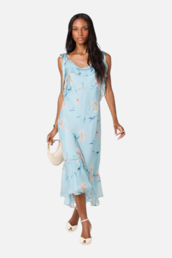 Astr the Label Nissa Floral Ruffle Midi Dress in Blue Floral