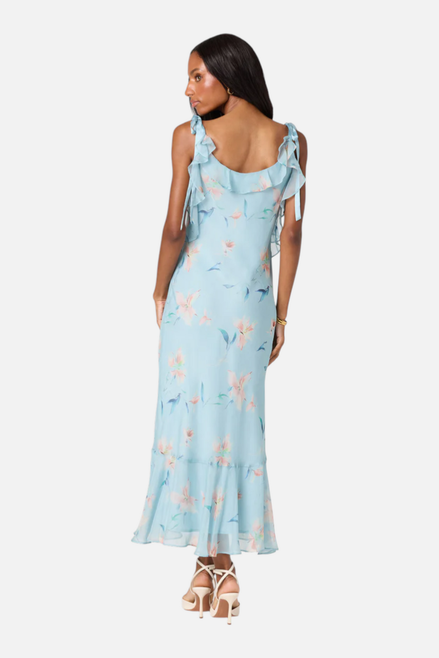 Astr the Label Nissa Floral Ruffle Midi Dress in Blue Floral – side view