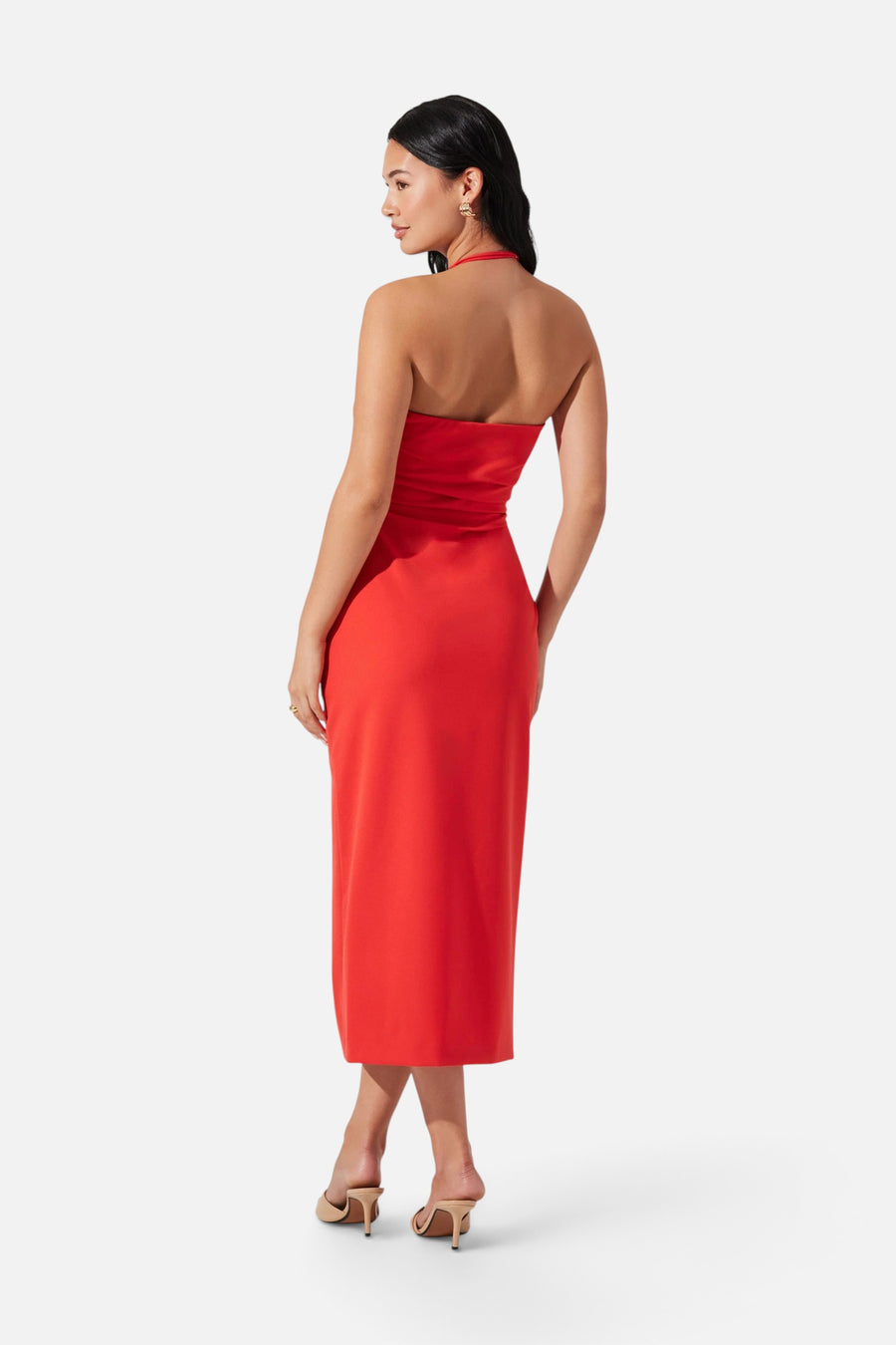 Astr the Label Siena Halter Neck Midi Dress in Red Orange – back view