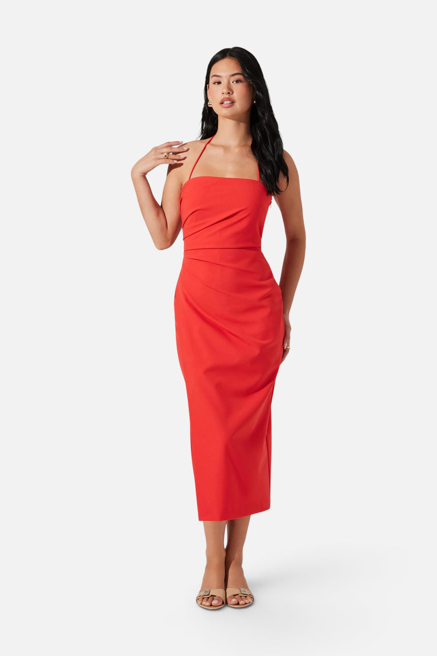 Astr the Label Siena Halter Neck Midi Dress in Red Orange – front view