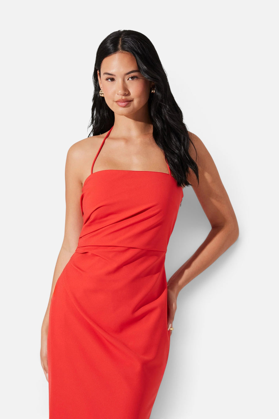 Astr the Label Siena Halter Neck Midi Dress in Red Orange – side view