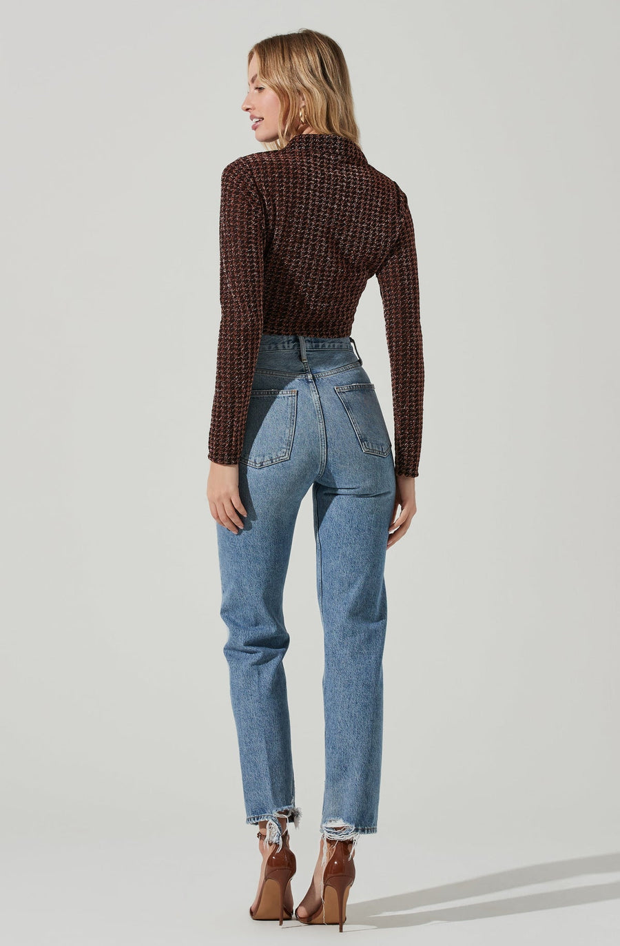 ASTR The Label Winslet Metallic Houndstooth Crop Top in Copper – flat lay