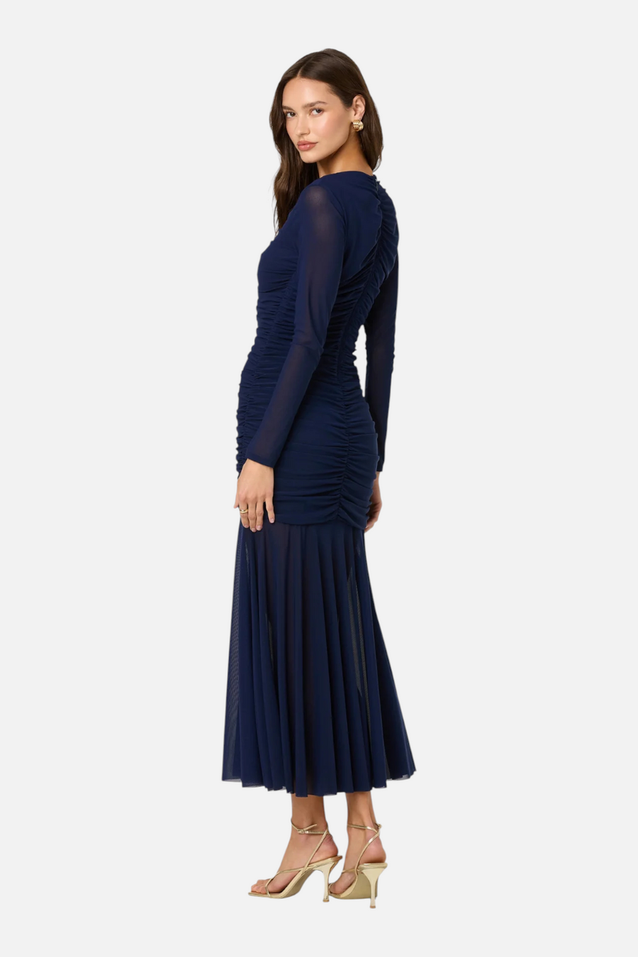 Astr the Label Yasmine Rushed Long Sleeve Dress in Navy – detail