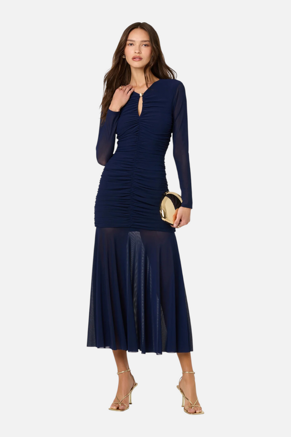 Astr the Label Yasmine Rushed Long Sleeve Dress in Navy
