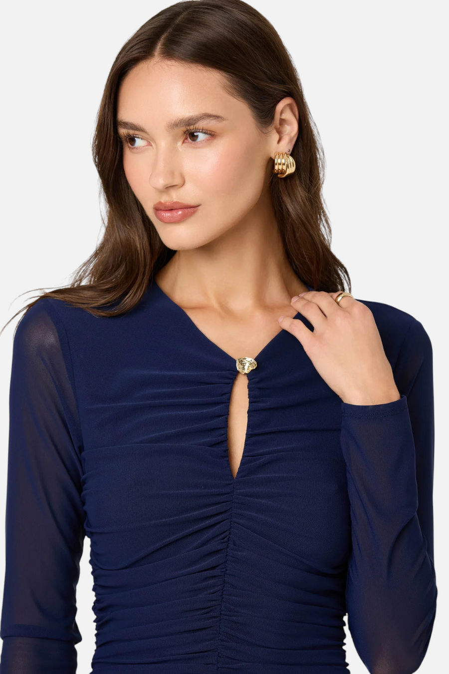 Astr the Label Yasmine Rushed Long Sleeve Dress in Navy – side view