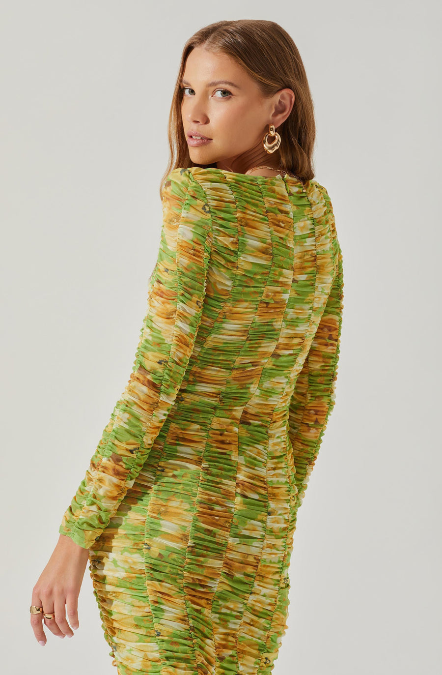 ASTR The Label Yelina Ruched Long Sleeve Midi Dress in Lime Yellow – alternate