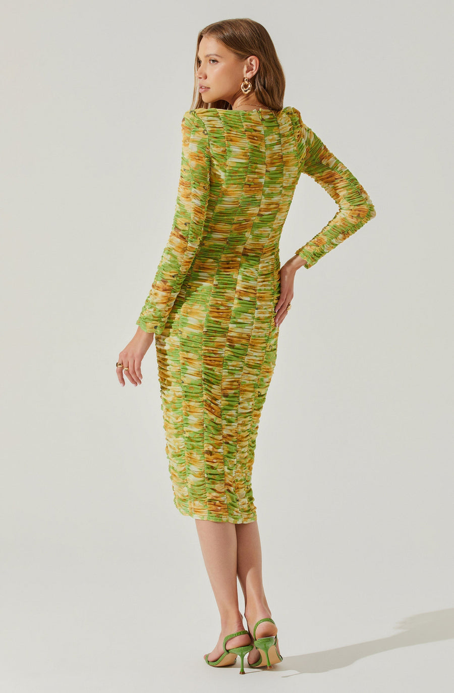 ASTR The Label Yelina Ruched Long Sleeve Midi Dress in Lime Yellow – alternate