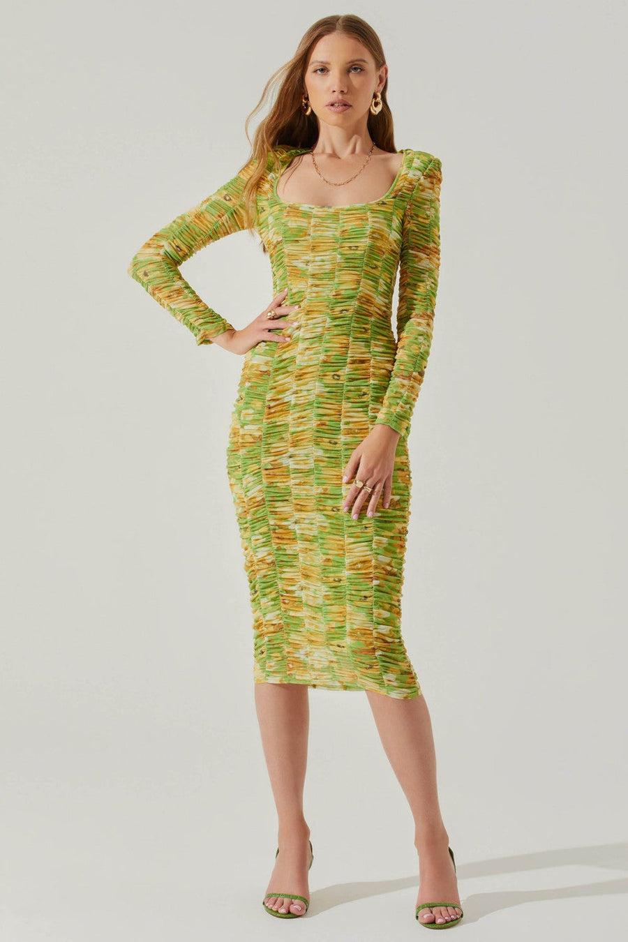 ASTR The Label Yelina Ruched Long Sleeve Midi Dress in Lime Yellow – back view