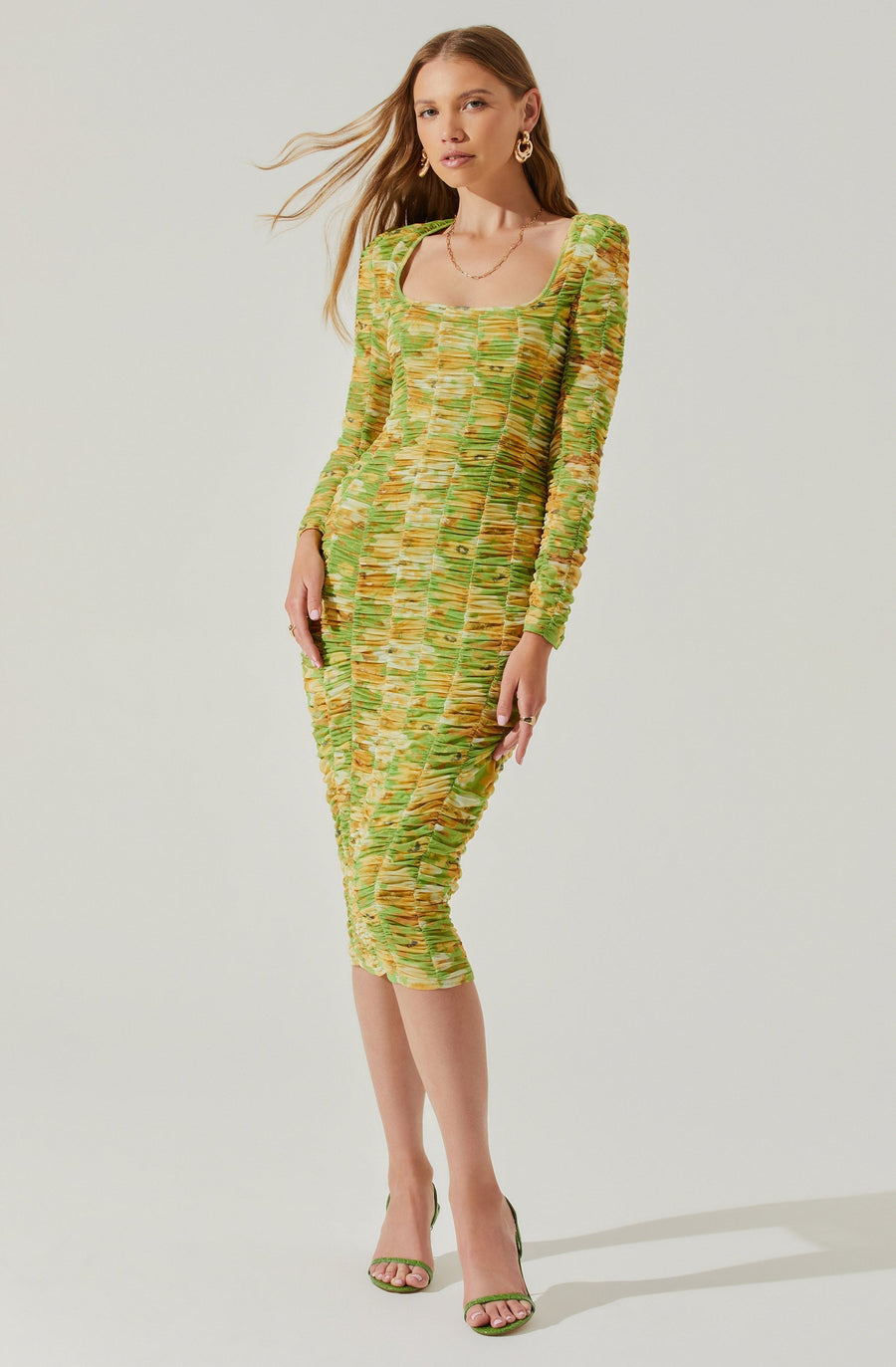 ASTR The Label Yelina Ruched Long Sleeve Midi Dress in Lime Yellow – detail