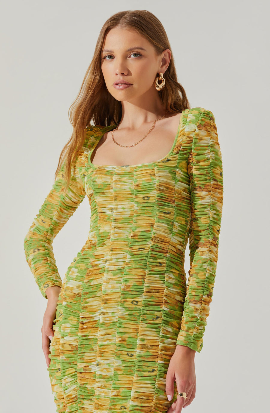 ASTR The Label Yelina Ruched Long Sleeve Midi Dress in Lime Yellow – flat lay