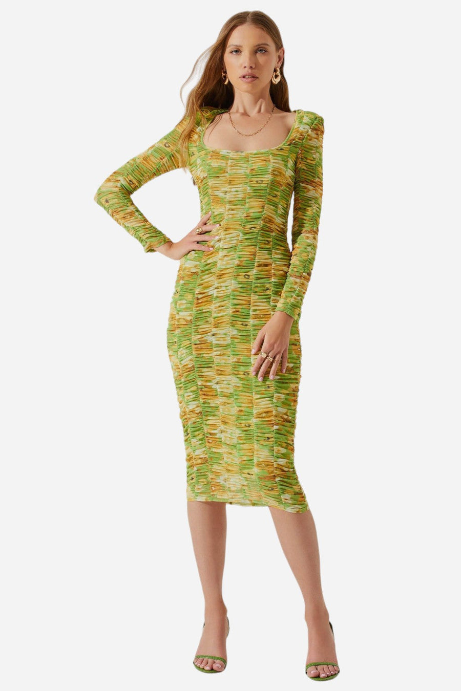 ASTR The Label Yelina Ruched Long Sleeve Midi Dress in Lime Yellow – front view