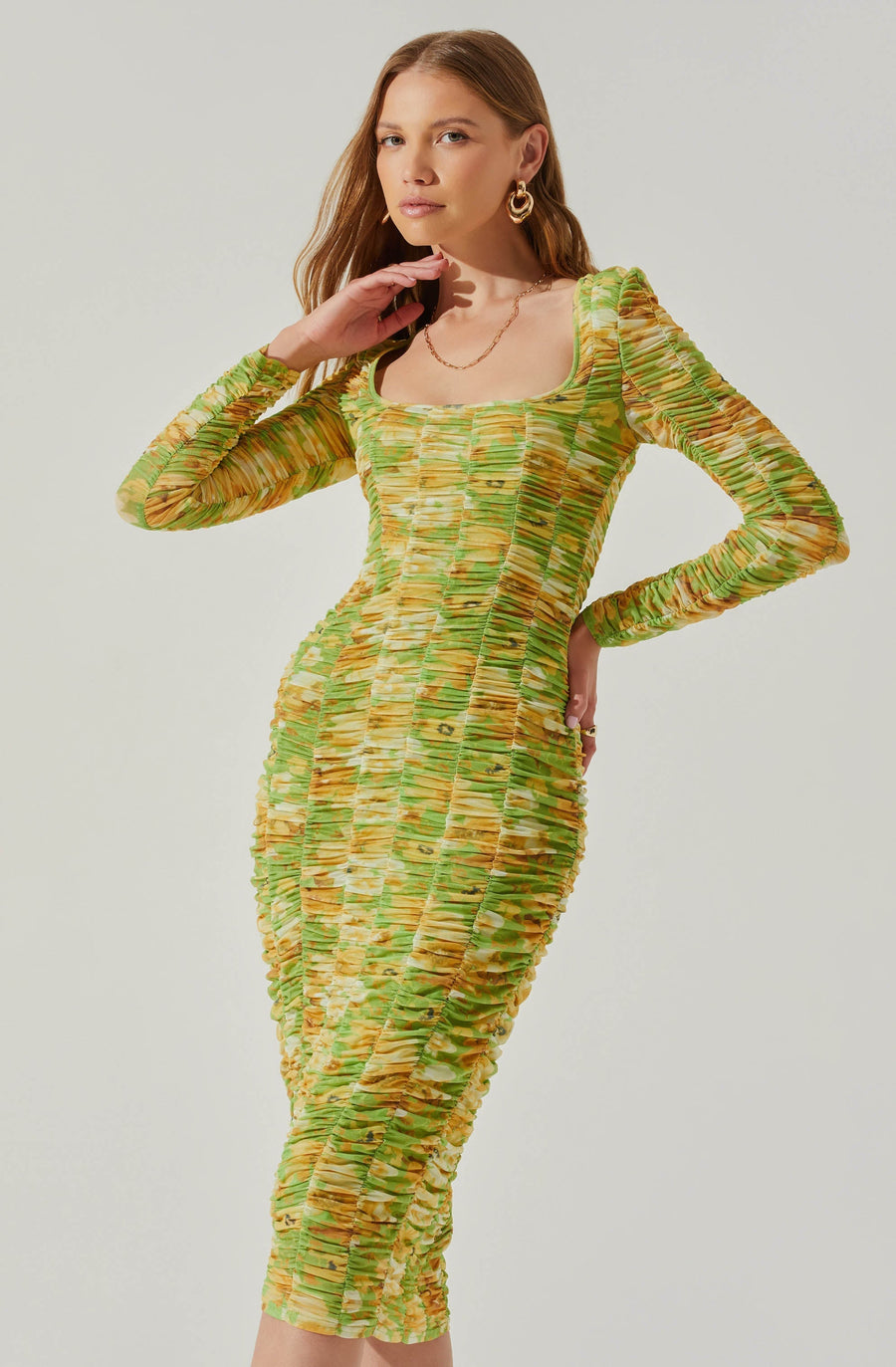 ASTR The Label Yelina Ruched Long Sleeve Midi Dress in Lime Yellow – side view