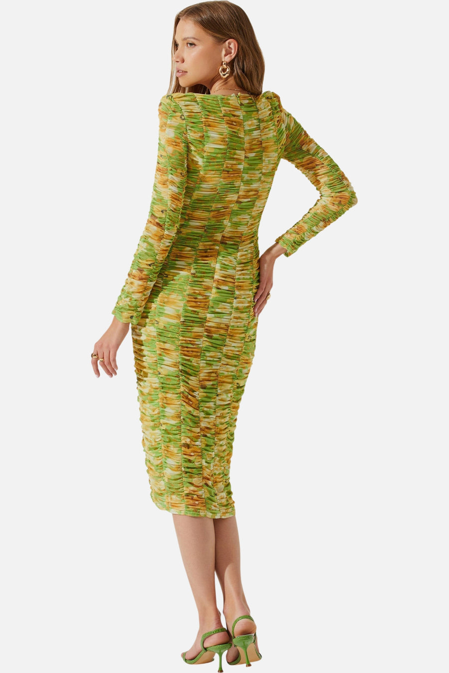 ASTR The Label Yelina Ruched Long Sleeve Midi Dress in Lime Yellow – side view