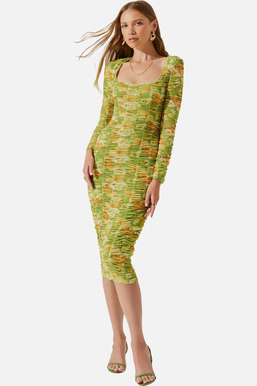 ASTR The Label Yelina Ruched Long Sleeve Midi Dress in Lime Yellow – side view