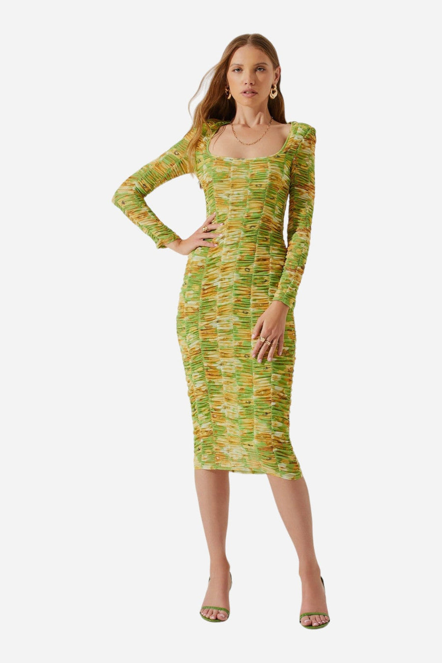ASTR The Label Yelina Ruched Long Sleeve Midi Dress in Lime Yellow – side view